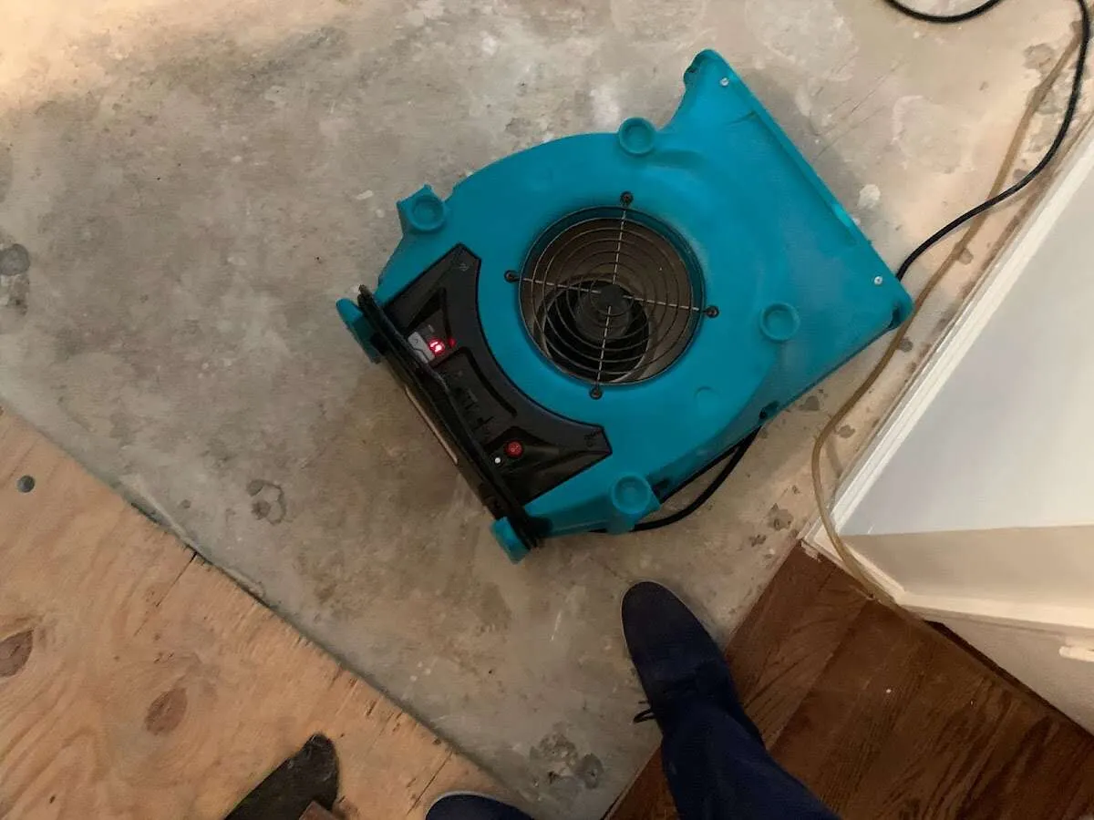 Air mover drying subfloor during Commercial Water Damage Restoration in Elizabethton